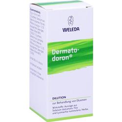 Weiße Medikamentenbox mit grünem Design, Aufschrift "Dermatodoron" für Ekzembehandlung.