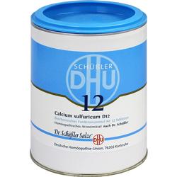 Eine Dose mit Schüßler-Salzen Nummer 12, Calciumsulfat, in blau-weißer Verpackung.