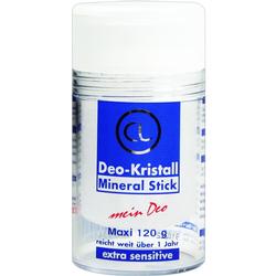 Ein Deo-Kristall Mineral Stick in transparenter Verpackung mit blauem Etikett.