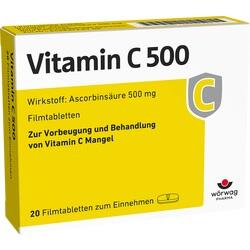 Eine Packung Vitamin C 500 mg Tabletten zur Vorbeugung von Vitamin C Mangel.
