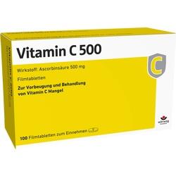 Gelbe Packung mit Vitamin C 500 mg Tabletten zur Vorbeugung von Vitamin C Mangel.