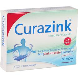 Verpackung von Curazink Hartkapseln zur Zinkmangel-Behandlung.