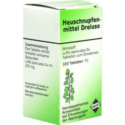 Grüne Medikamentenverpackung gegen Heuschnupfen mit 100 Tabletten.