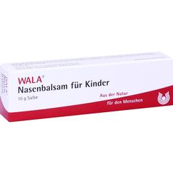 Weiße Schachtel eines Nasenbalsams für Kinder mit rotem Streifen unten.