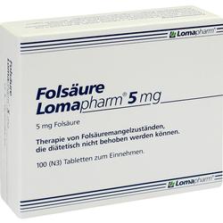 Verpackung von Folsäure-Tabletten mit 5 mg Dosierung von Lomapharm.