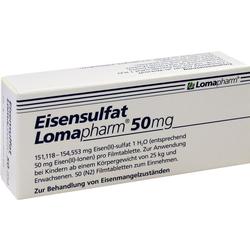 Verpackung einer Eisenpräparat-Tablette mit 50 mg zur Behandlung von Eisenmangel.