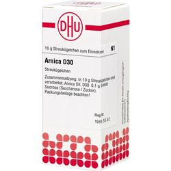Weiße Medikamentenverpackung mit der Aufschrift "Arnica D30" und roten Mustern.