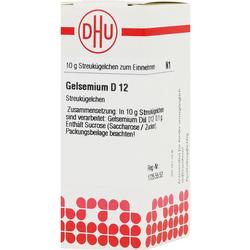 Eine weiße Verpackung mit der Aufschrift "Gelsemium D 12" für Streukügelchen.