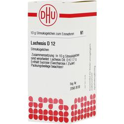 Weiße Packung mit roten Symbolen und der Aufschrift "Lachesis D 12 Streukügelchen".
