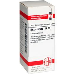 Weiße Verpackung von homöopathischen Nux vomica D 30 Streukügelchen.