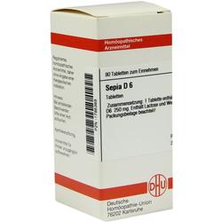 Eine Packung homöopathische Tabletten mit der Aufschrift "Sepia D6".