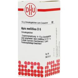 Eine Packung homöopathischer Streukügelchen mit dem Aufdruck "Apis mellifica D6".
