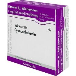 Eine Packung Vitamin B12 Injektionslösung mit dem Wirkstoff Cyanocobalamin.