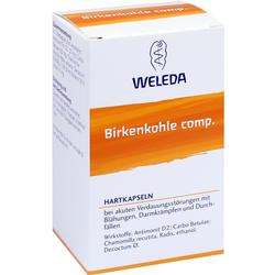 Schachtel von Weleda mit Birkenkohle-Kapseln gegen Verdauungsstörungen.