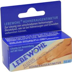 Eine blaue Schachtel der "Lebewohl Hühneraugentinktur" für die Hautpflege.