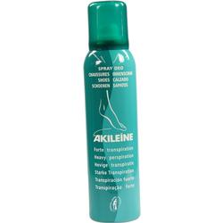 Eine grüne Sprühdose mit der Aufschrift "Akileïne" für starkes Schwitzen in Schuhen.