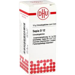 Weiße Verpackung von homöopathischen Streukügelchen mit der Aufschrift "Sepia D12".