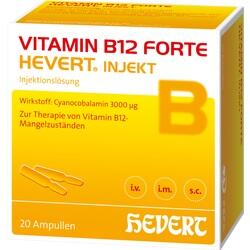 Gelbe Packung einer Vitamin B12-Injektionslösung von Hevert mit 20 Ampullen.