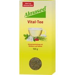 Gelbe Teepackung mit Aufschrift "Almased Vital-Tee" und Bildern von Kräutern und Tee.