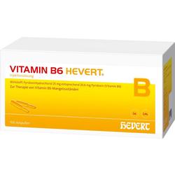 Gelbe Verpackung von Vitamin B6-Hevert Injektionslösung mit 10 Ampullen.
