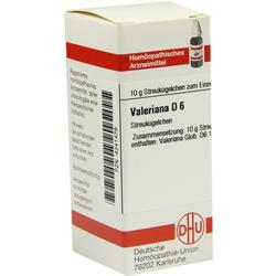 Eine weiße Schachtel mit homöopathischen Valeriana D6 Streukügelchen.