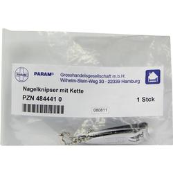 Eine Verpackung mit einem silbernen Nagelknipser und einer Kette.