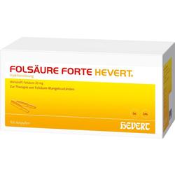 Gelbe Packung mit der Aufschrift "Folsäure forte-Hevert", enthält Injektionslösung.