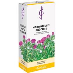 Eine Packung mit Mariendistelfrüchten, illustriert mit rosa Blüten.