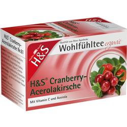 Tee-Packung mit Cranberry- und Acerolakirschen auf der Vorderseite.