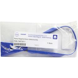 Blaue Nagelschere in Verpackung mit weißem Etikett und Text.