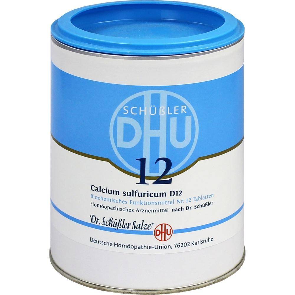 Eine Dose mit Schüßler-Salzen Nummer 12, Calciumsulfat, in blau-weißer Verpackung.