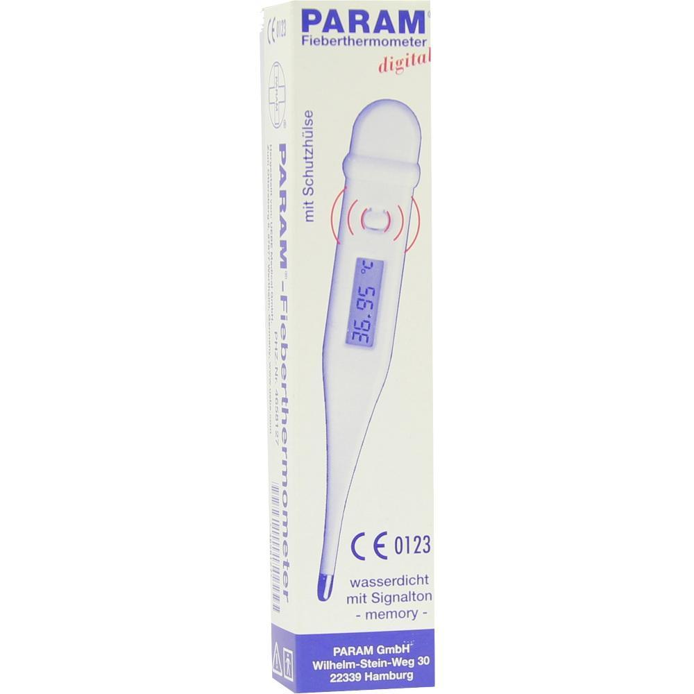 Verpackung eines digitalen Fieberthermometers mit Temperaturanzeige und Schutzkappe.