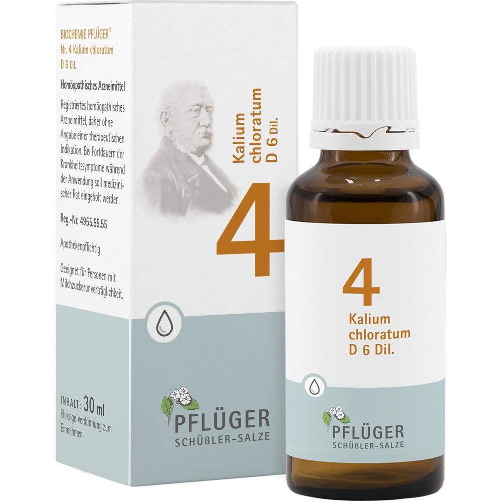 Brau­ne Flasche und Schach­tel mit der Auf­schrift „Kalium chlo­ratum D 6 Dil.“ und Nummer 4.