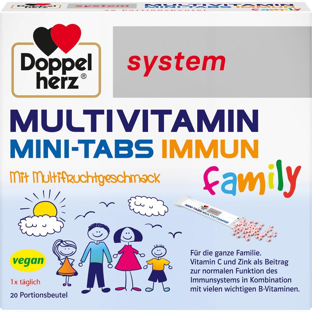 Verpackung von Multivitamin Mini-Tabs mit Lächelnden Familienzeichnungen.