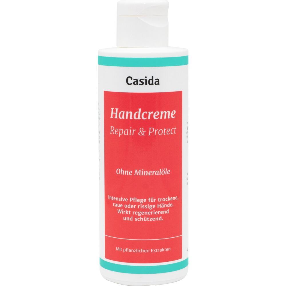 Weiße Flasche mit rotem Etikett für Handcreme ohne Mineralöle.