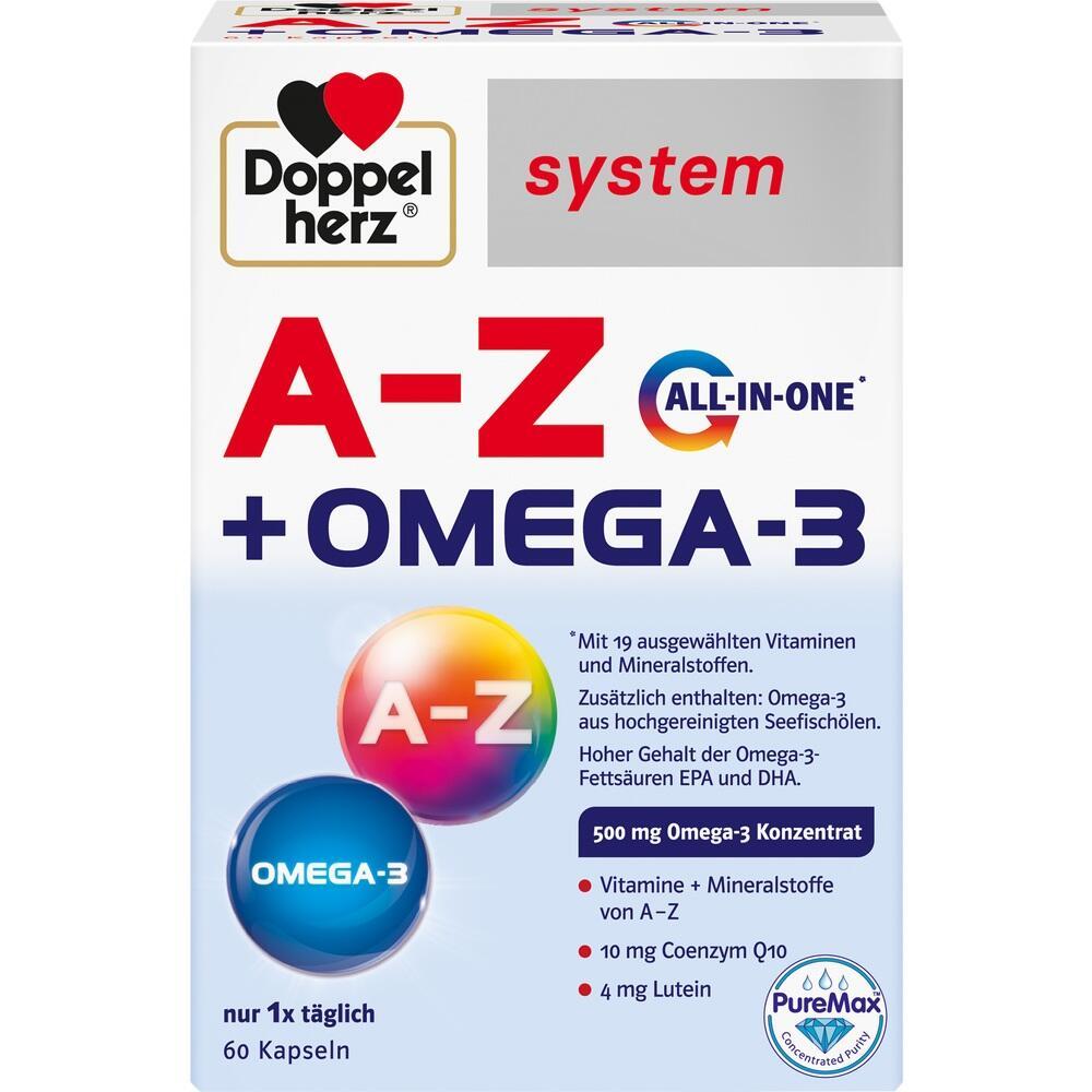 Verpackung von Doppelherz A-Z plus Omega-3 mit 60 Kapseln.
