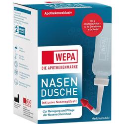 Verpackung einer Nasendusche mit austauschbaren Aufsätzen und Spülsalz von Wepa.