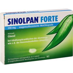 Verpackung von Sinolpan Forte Kapseln mit Informationen zum Wirkstoff Cineol.